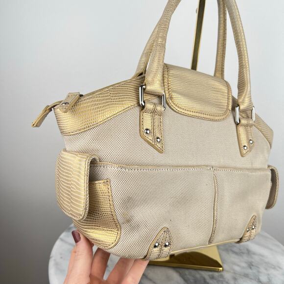 Cole Haan Buckle Canvas Tan and Gold Lizard Skin Embossed Leather Shoulder Bag - Picture 6 of 16